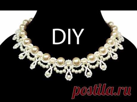 Jewelry ❤ DIY: beaded wedding vintage necklace with pearls / Свадебное колье из бисера "Жемчужина"