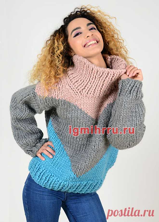 Трехцветный свитер крупной вязки. Вязание спицами со схемами и описанием