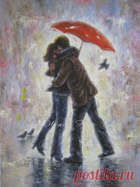 SALE Kiss in the Rain Canvas Giclee print by VickieWadeFineArt