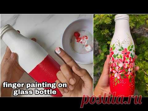 Beautiful red and white glass bottle painting idea. Easy glass bottle painting technique with finger