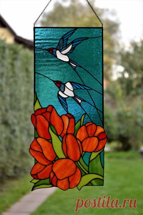 Spring stained glass panel Glass birds Glass flowers Tulips and swallo Window hanging panel made of stained glass pieces by my own disign.Handmade using Tiffany copper foil technique.Looks amazing in the lights of a sun.Framed with brass profile.You will get it completely ready for installation. It comes with a suction cup hanging and copper chain.It will be a great gift for friends or re