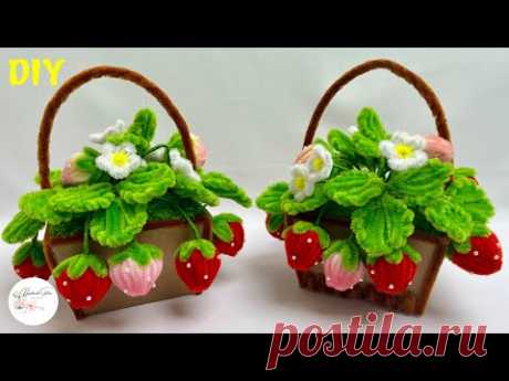 DIY Flower - How to make a Strawberry Basket with Pipe cleaner ( chenille )#hmstation