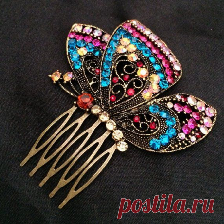 Stunning Bronze Gold Metal Hair Comb Featuring Large Butterfly Ornament With Red, Fuchsia, Blue, Pink AB Jewels
