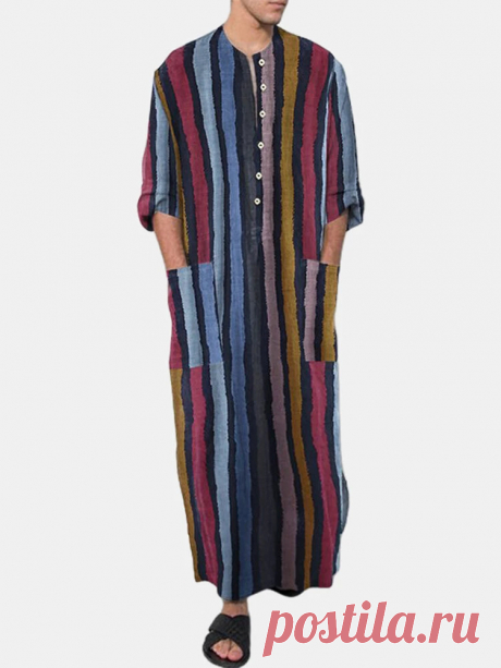 Mens Colorful Striped Double Pocket Side Split Home Casual Long Sleeve Sleepwear - US$27.99