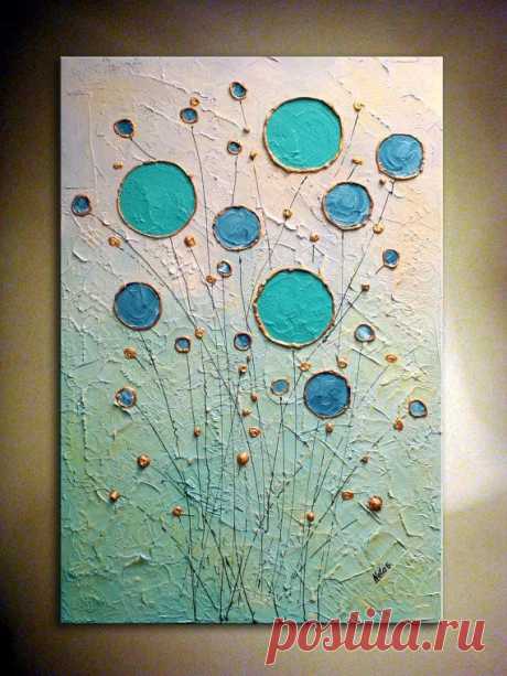 Turquoise Gold Original Modern Large Abstract Art Painting.Thick Texture…