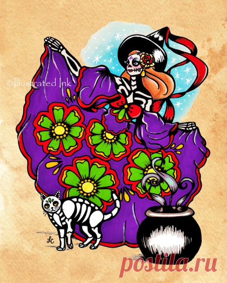 Halloween WITCH Tattoo Black Cat Day of the Dead Art Print - Etsy Chile