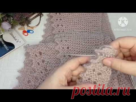 Шейная косынка или бактус с зубчатым краем и ажуром. Вяжем спицами...
