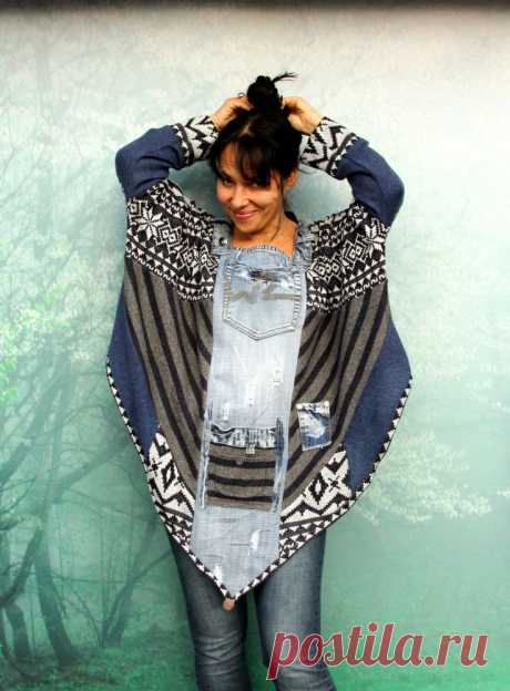 M-XL Crazy denim and sweaters patchwork poncho recycled hippie boho style