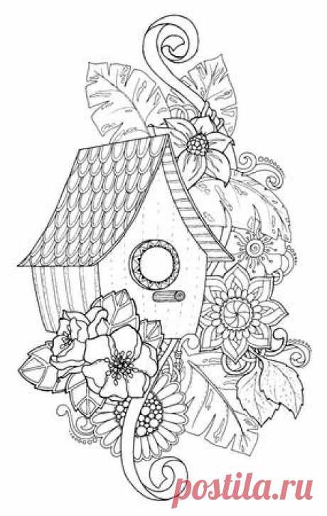 Black and white wood nesting box. Hand drawn outline nesting box decorated with floral ornament. Zentangle inspired pattern for coloring book pages for adults and kids, tattoo, poster. Boho style. 123RF - Миллионы стоковых фото, векторов, видео и музыки для Ваших проектов.