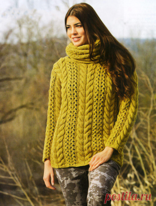 Пуловер с ажурным узором из «кос» и шарф-петля.
ОБХВАТ: ОК. 62 СМ.