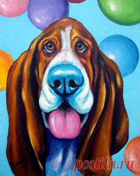 Party Basset Hound by Dottie Dracos Party Basset Hound Painting by Dottie Dracos