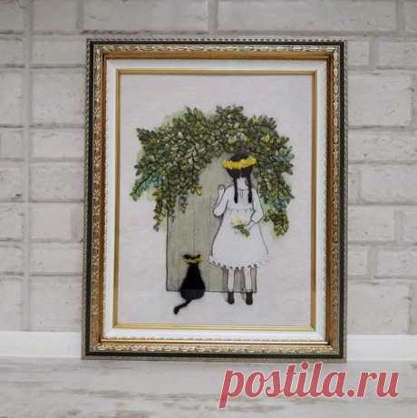 Picture girl with black cat Tropical leaves Hand embroidery decor 3d picture embroidery Embroidered painting Home Decor for children Gift Picture girl with black cat Tropical leaves Hand embroidery art decor 3d flower wall art Embroidered painting Home Decor for children Gift Hand embroidered Girl with black cat  is embroidered with a ribbon.   The picture will decorate your bedroom or living room, and it will also become