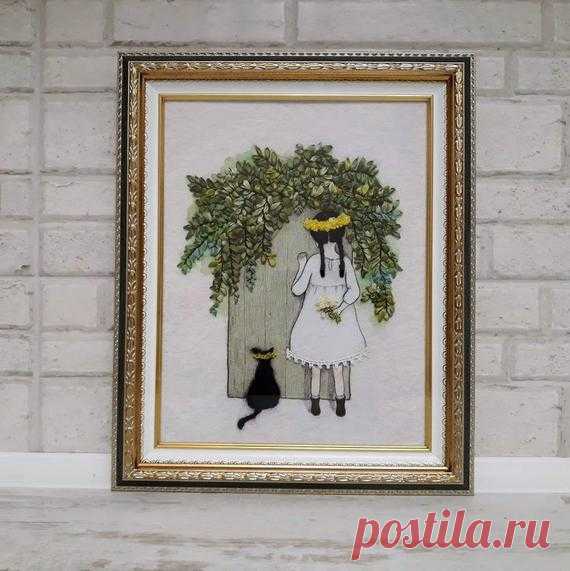 Picture girl with black cat Tropical leaves Hand embroidery decor 3d picture embroidery Embroidered painting Home Decor for children Gift Picture girl with black cat Tropical leaves Hand embroidery art decor 3d flower wall art Embroidered painting Home Decor for children Gift Hand embroidered Girl with black cat  is embroidered with a ribbon.   The picture will decorate your bedroom or living room, and it will also become