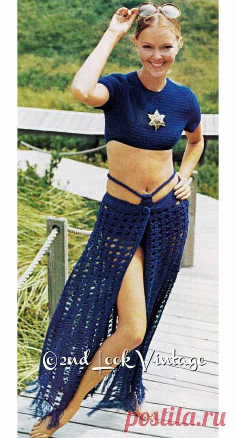 Vintage Crochet Pattern Sexy Sarong Skirt Hip Hugger Bikini Midriff Crop Top 1970s Digital Download PDF A sexy sarong, bikini and crop top to crochet from the early 1970s .. A cord runs thru a tab & wraps the waist of the hip-hugger bikini pant The cover-up skirt is low-slung, with a button band front .. Worked in an open, fishnet like stitch, finished with a fringe hemline! The matching