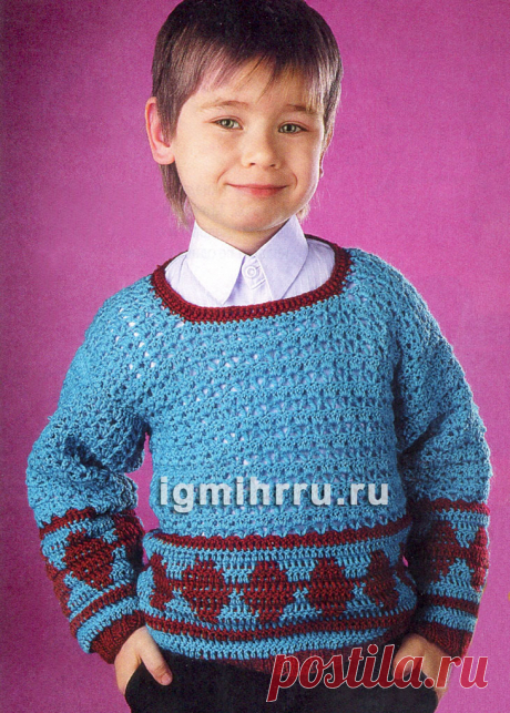 Для мальчика 4 лет. Пуловер с орнаментом из ромбов. Вязание крючком для детей