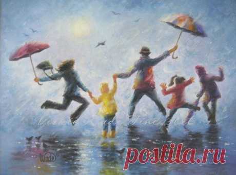 Singing in the Rain Art Print happy family by VickieWadeFineArt