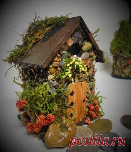Mini STONE FAIRY HOUSES  3 Styles available with Stained Glass windows, Moss Roof Woodland Style Any Pixie or Fairy would LOVE to live in this community of Stone Fairy Houses. Handcrafted from river rock, moss and flower, willow door and window sill detail. Stained glass windows finish off the woodland look. Slanted wall, pointy roof and straight wall styles available. The
