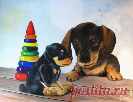 «Два щенка» картина Валевской Валентины (бумага, акварель) — купить на ArtNow.ru