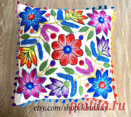 Embroidered floral pillow cover Boho pillow  Peruvian Textile wool handmade  Cushion cover Cream Embroidered Floral Pillow Cover  Colorful flowers pop beautifully from the vintage looking background of this hand embroidered pillow.  Each of this unique pillow covers takes a long time to make. The process starts with spinning the raw sheep wool into threads. Multiple threads are combine