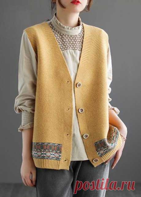 Chunky Khaki Knit Cardigans Fashion Spring V Neck Sleeveless Knitted C – SooLinen