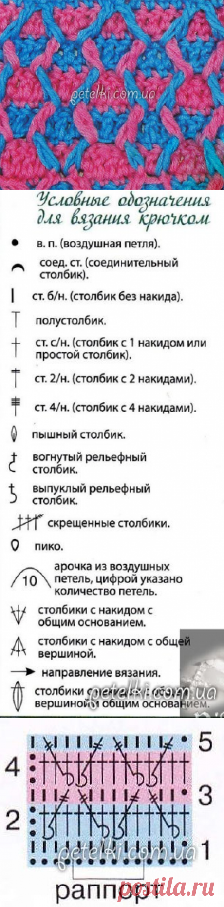 Плотный двухцветный узор крючком. Описание, схема