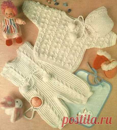 Пуловер, комбинезон и шапочка для ребенка от 6 месяцев до года., патентная резинка спицами полупатентная резинка спицами