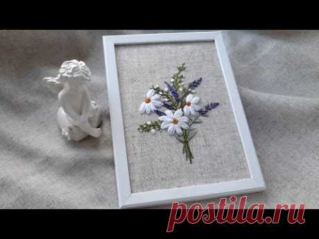 Bouquet of Daisy & Lavender - Hand Embroidery flower in a frame