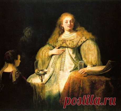Софонисба принимает чашу с ядом - Харменс ван Рейн Рембрандт. 1634. Холст, масло. 142x154. Выставлена в музее: Музей Прадо. Картина «Софонисба принимает чашу с ядом» является ранним произведением Рембрандта (1606-1669). В облике героини угадывается портрет жены художника Саскии. Софонисба в роскошном одеянии, не скрывающем будущего материнства, в украшениях с жемчугами сидит у стола, покрытого ковром, на котором лежит манускрипт.