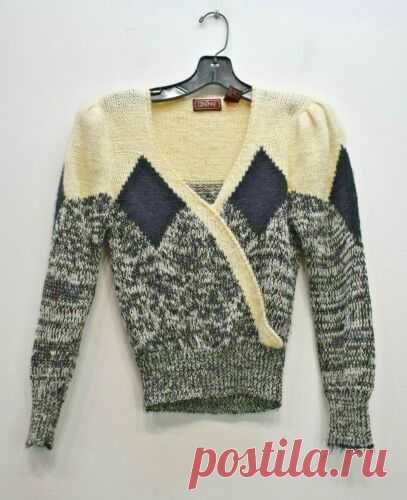VTG 80s Ginenne Womens Black & White Diamond V Neck Wrap Knit Sweater S | eBay