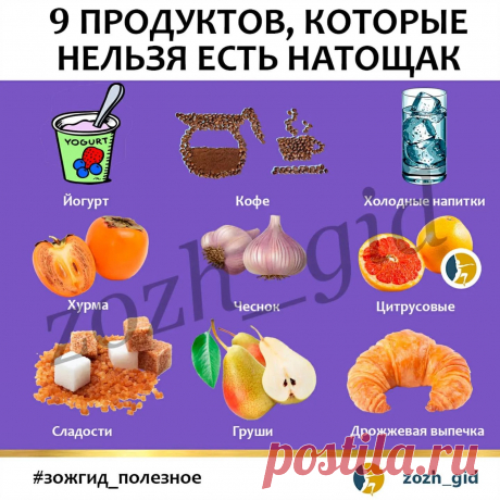 Photo by ЗОЖ 🔹️ ПП 🔸️ ФИТНЕС in Moscow. May be an image of food and text that says '9 продуктов, которые нельзя есть натощак YOGURT йогурт кофе холодныенапитки напитки хурма чеснок цитрусовые сладости груши #зожгид_полезное дрожжевая выпечка zozh_gid'.