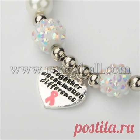 Wholesale Trendy Glass Pearl Beaded Bracelets for Breast Cancer Awareness, with Alloy Enamel Pink Ribbon Pendants and Brass Rhinestone Beads, Platinum, 205mm - Pandahall.com
