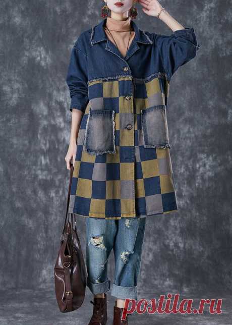 French Navy Oversized Patchwork Plaid Denim Coats Fall - M(Fit for EU 40-42, US 8-10, UK/AU 12-14, IT 44-46)