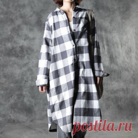 Cotton Black and White Check Flannel Blouses Midi dress | Etsy