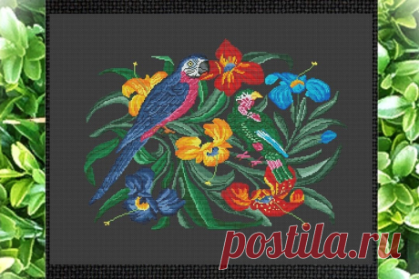 Vintage Cross Stitch Scheme Two birds on the bushes (2099970) | Cross Stitch | Design Bundles