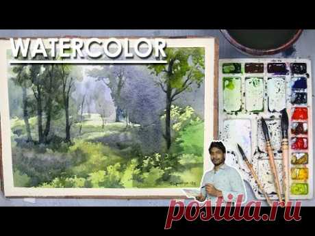 Watercolor Painting - Beautiful Forest Landscape step by step | Supriyo