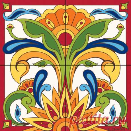 12"x12" Mural Red Talavera Design Decorative Art Tile