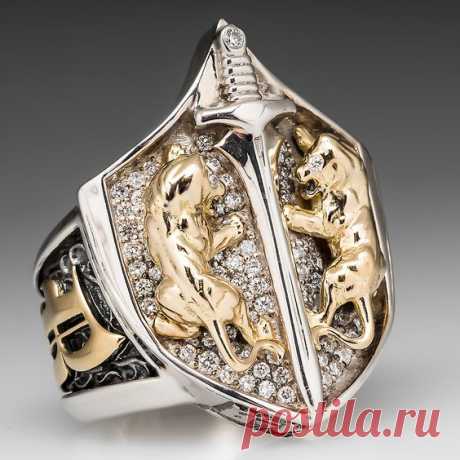 Proclamation Jewelry Custom Made Mens Diamond Lion Shield Ring .925 Sterling &amp; 18K Gold