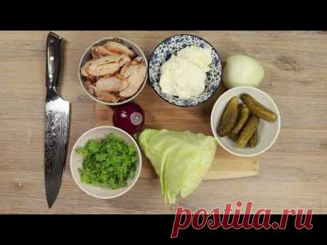 Рецепты от папы: салат из капусты с куриной грудкой. Смотри и делай