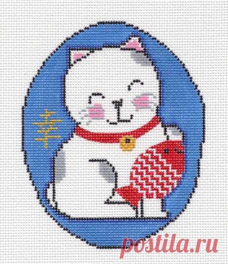 Canvas~Oriental Happy Smiling Lucky Cat with Fish~by MBM Designs Darling Oriental Smiling Cat Design with Red and White Fish and Gold Character on a oval blue background. *** Special Order Canvas *** ~ delivery will take from 4 to 6 weeks to have painted for you. A 5" by 4" painted design which is hand stitch painted on 18 mesh Zweigart mono canvas. The background canvas is 9.5" tal