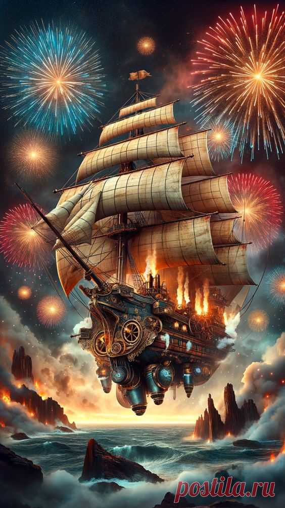 Steampunk Fireworks Ship Phone Wallpaper