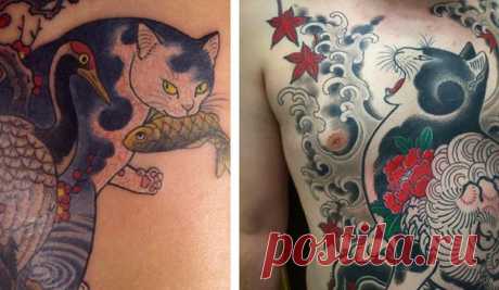 Художник Казуаки Хоритомо рисует татуировки с котами в стиле традиционных японских гравюр