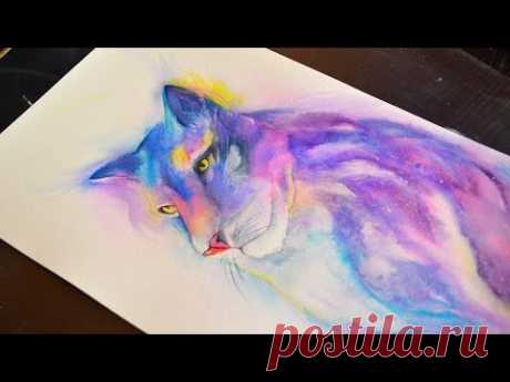 Космический кот акварелью. Фантастический АРТ.