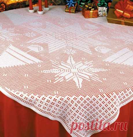 Новогодняя салфетка с елками и снежинками Вязаная крючком филейная новогодняя салфетка с елками и снежинками. Схема