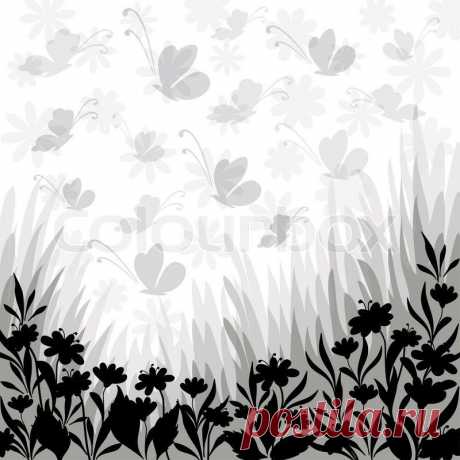 Background, flowers and butterflies silhouettes stock photo