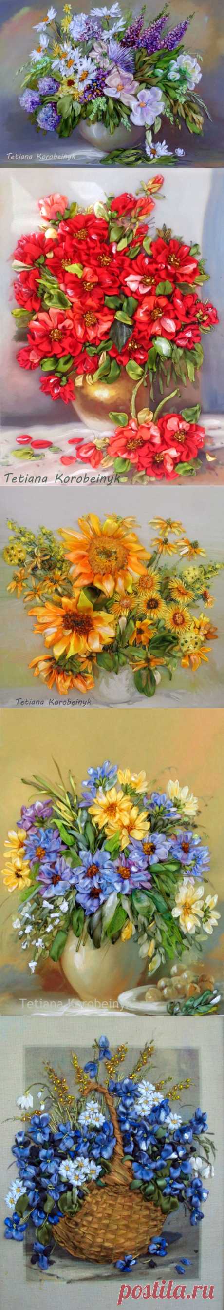 Цветочные букеты - вышивка лентами. 
Многие работы Tetiana Korobeinyk вышила по картинам современной венгерской художницы Szechenyi Szidonia