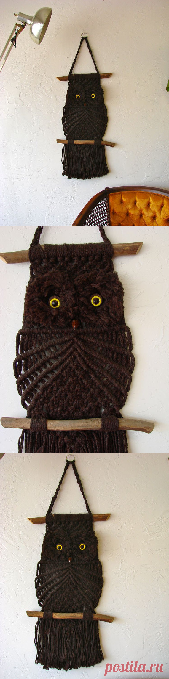 Vintage Brown Macrame Owl Wall Hanging with от seevintagelane