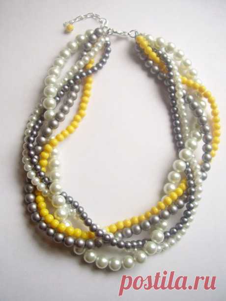 The Noelle Necklace - Pearl, white, gray, silver, yellow braided twisted beaded…