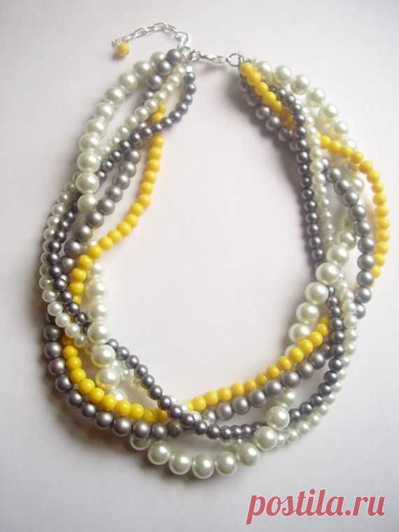 The Noelle Necklace - Pearl, white, gray, silver, yellow braided twisted beaded…