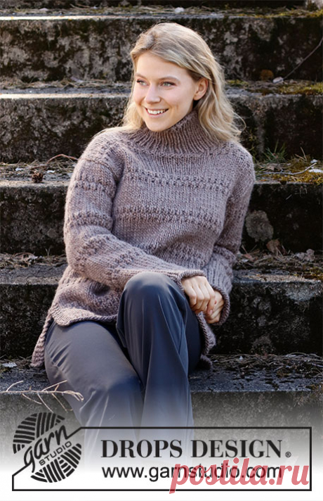 Cobblestone Sweater / DROPS 216-19 - Free knitting patterns by DROPS Design Knitted jumper with high collar in DROPS Snow. Piece is knitted in stocking stitch with stripes in textured pattern. Size: S - XXXL