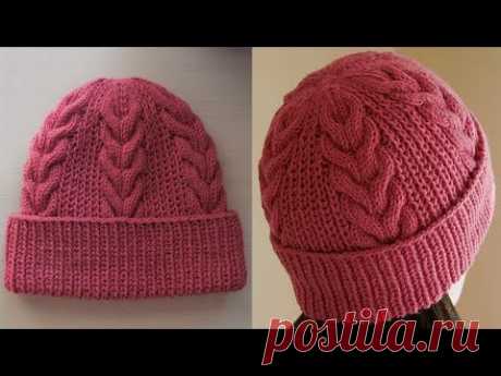 ШАПКА ПОЛУПАТЕНТНЫМ УЗОРОМ С КОСАМИ ВЯЗАНАЯ СПИЦАМИ. МАСТЕР-КЛАСС. KNITTING HAT. HOW TO KNIT A HAT